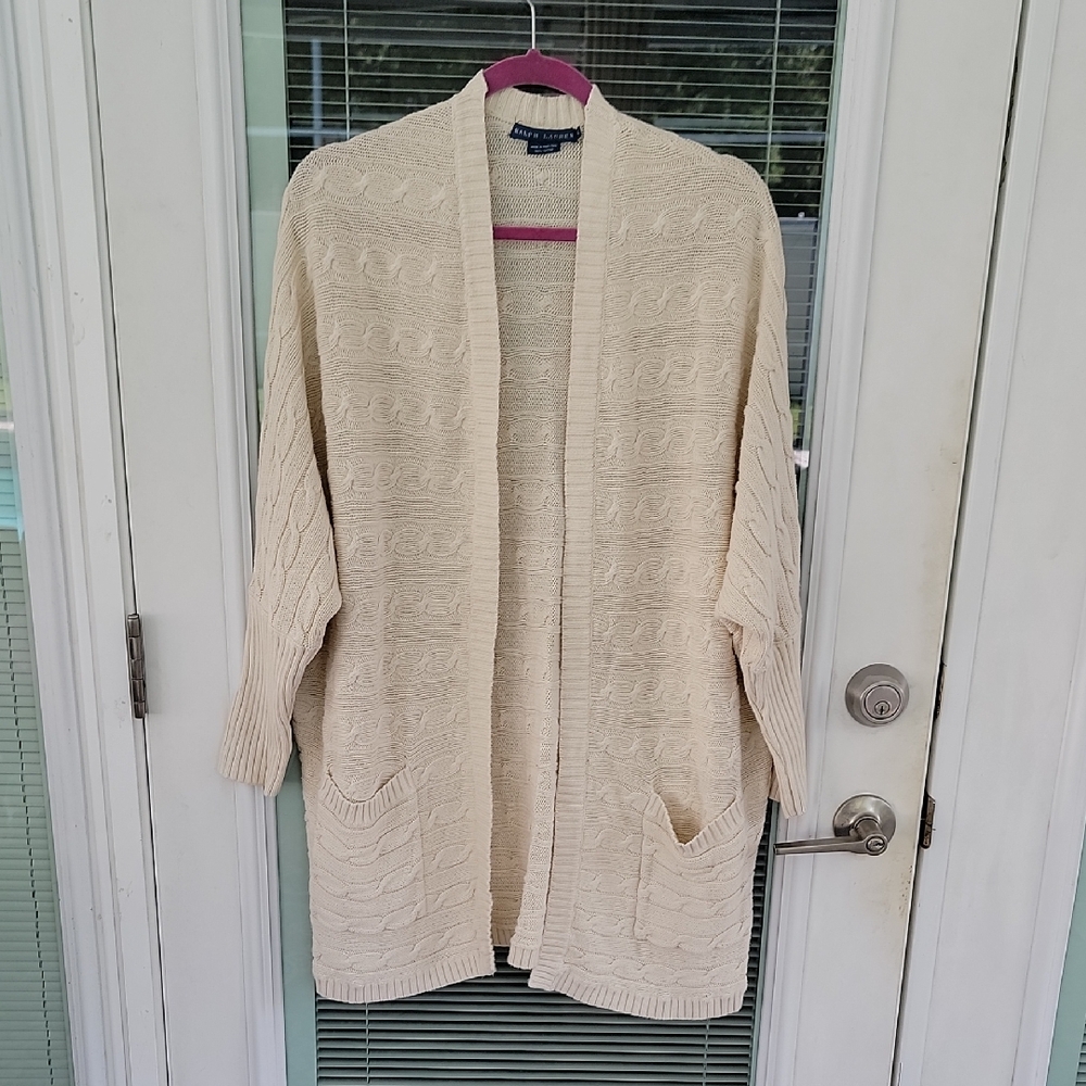Ralph Lauren Open-Front Doloman Sleeve Cotton Cardigan Cable Knit Sz L Vintage